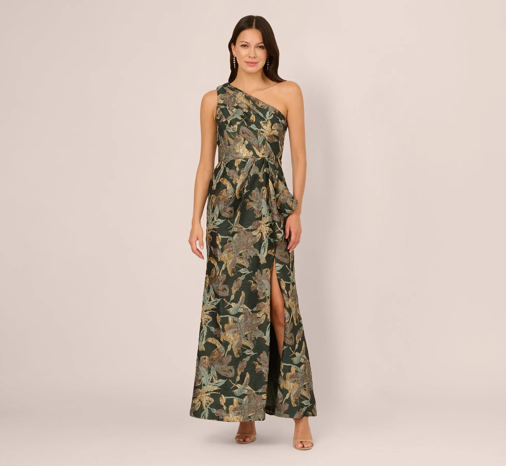 One Shoulder Jacquard Dress In Green Gold sold by Adrianna Papell product image thumbnail 2