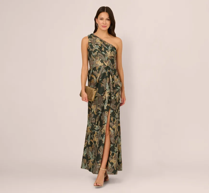One Shoulder Jacquard Dress In Green Gold sold by Adrianna Papell