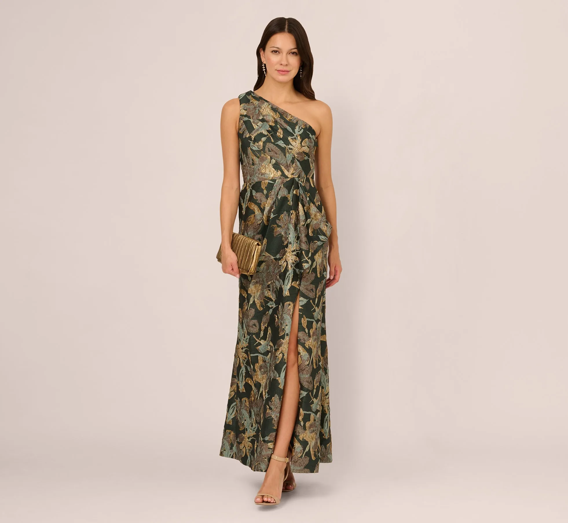 One Shoulder Jacquard Dress In Green Gold sold by Adrianna Papell