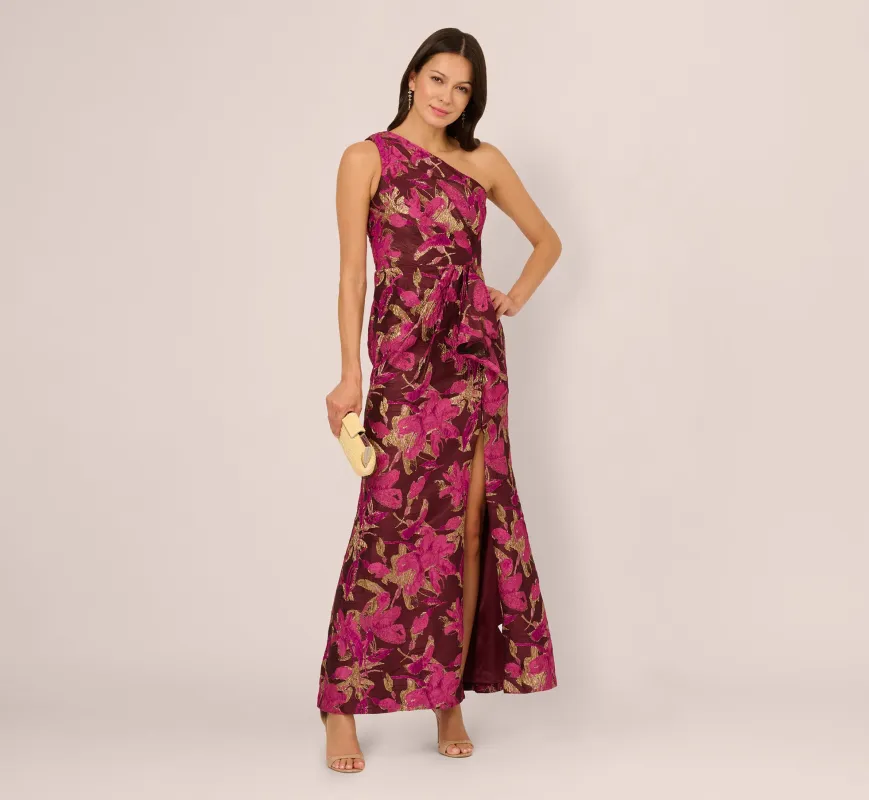 One Shoulder Jacquard Dress In Burgundy Gold sold by Adrianna Papell