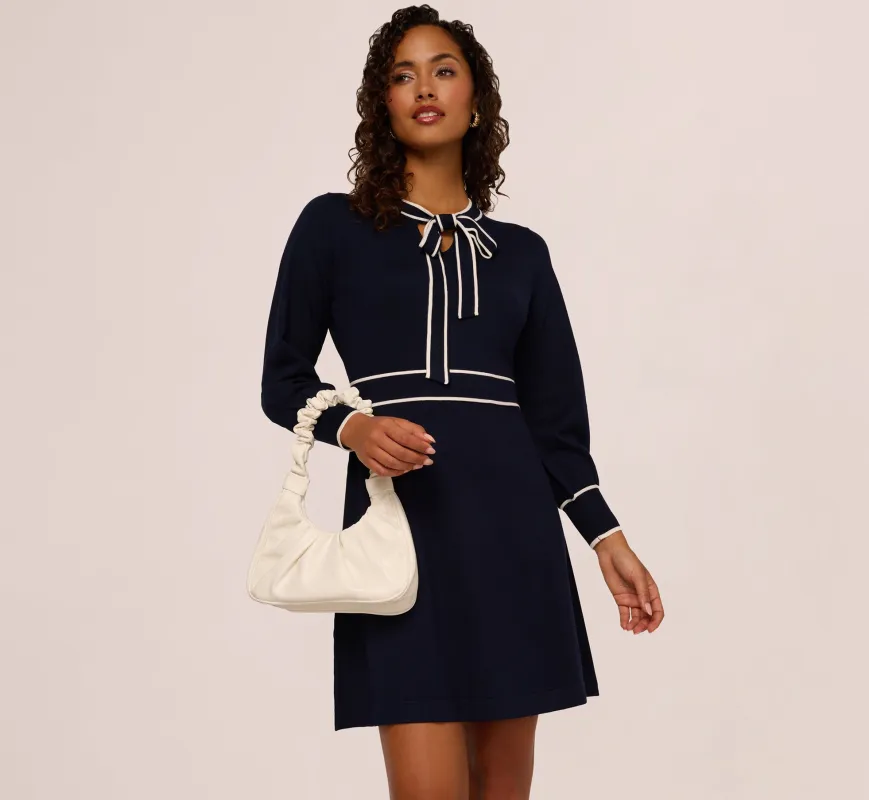 Long Sleeve Contrast Tipped Sweater Dress In Blue Moon Ivory sold by Adrianna Papell