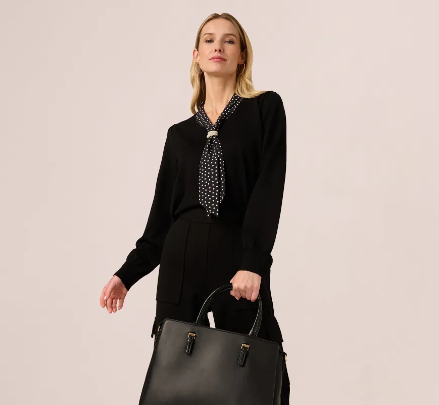 Long Sleeve Satin Neck Tie Sweater In Black W  Black Cream Dot sold by Adrianna Papell