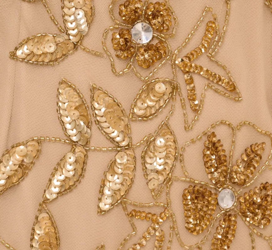 Hand Beaded Short Sleeve Floral Godet Gown In Champagne Gold sold by Adrianna Papell