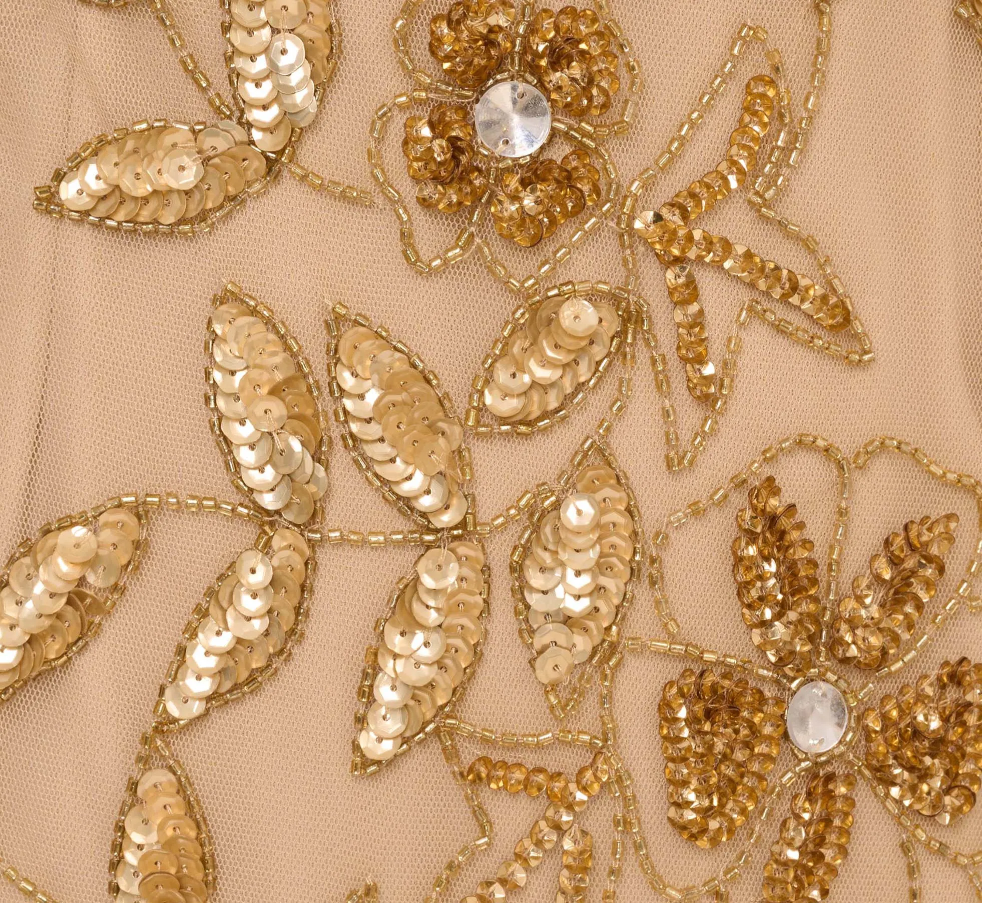 Hand Beaded Short Sleeve Floral Godet Gown In Champagne Gold sold by Adrianna Papell