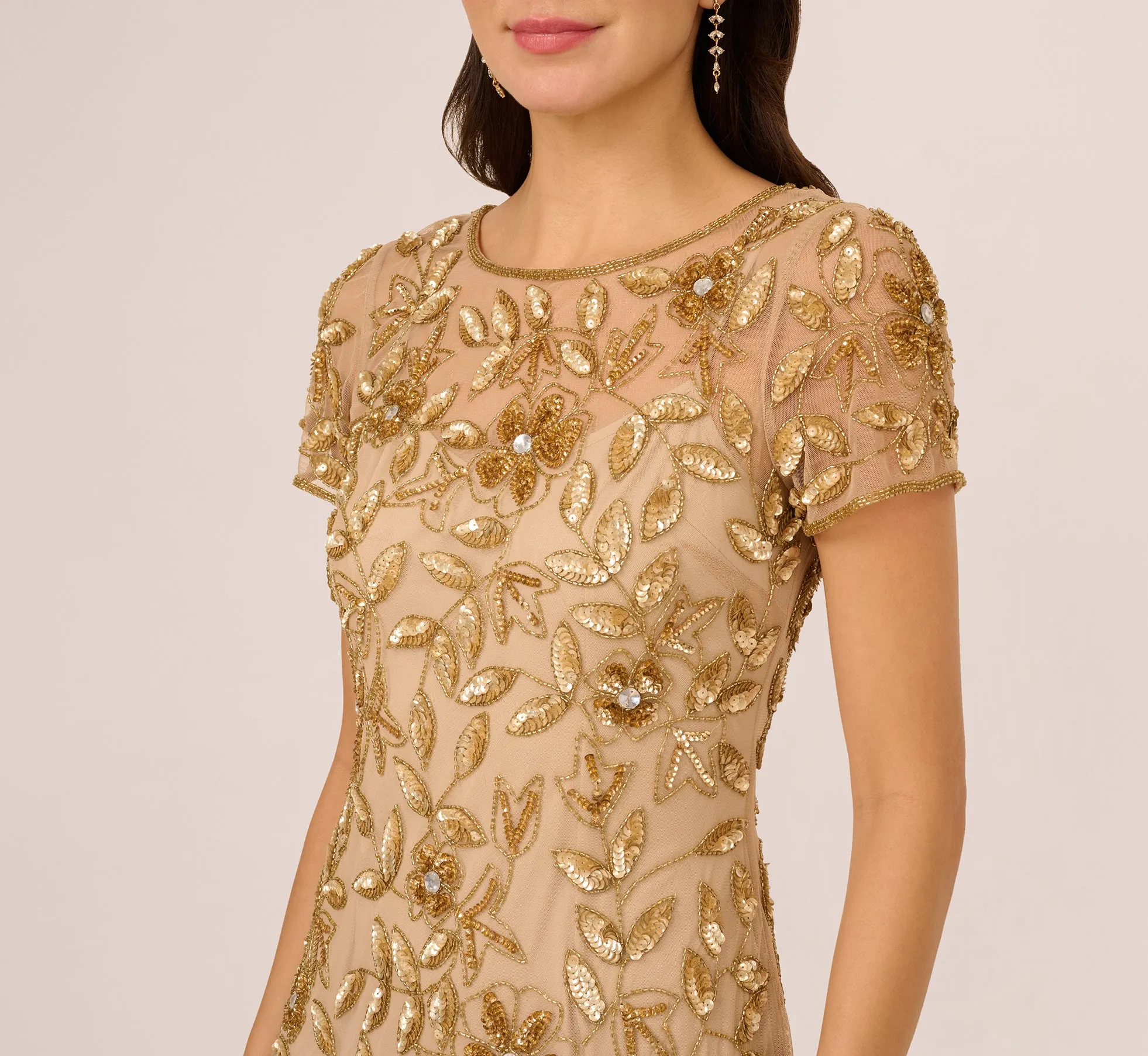 Hand Beaded Short Sleeve Floral Godet Gown In Champagne Gold sold by Adrianna Papell product image thumbnail 3