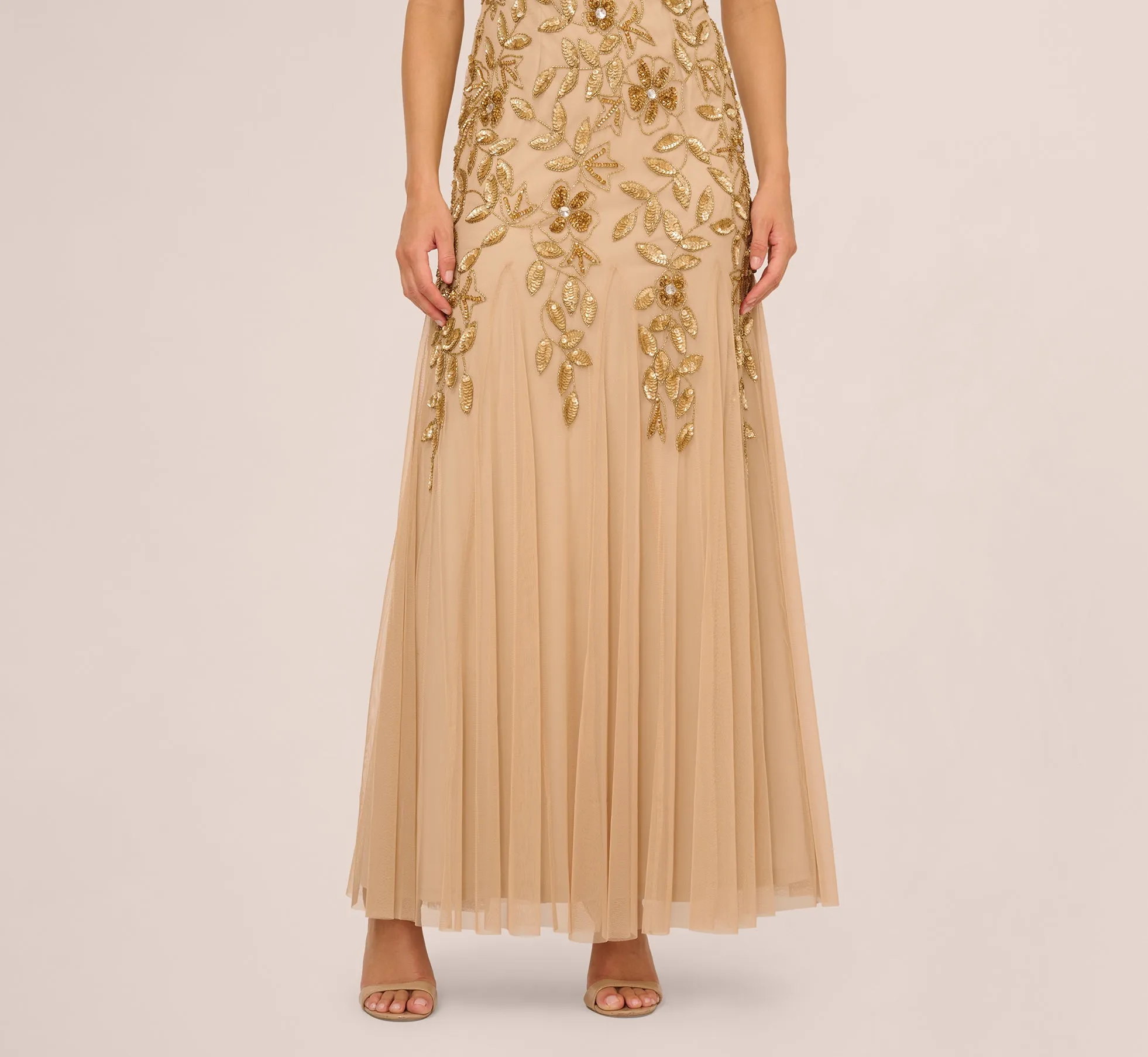 Hand Beaded Short Sleeve Floral Godet Gown In Champagne Gold sold by Adrianna Papell product image thumbnail 2