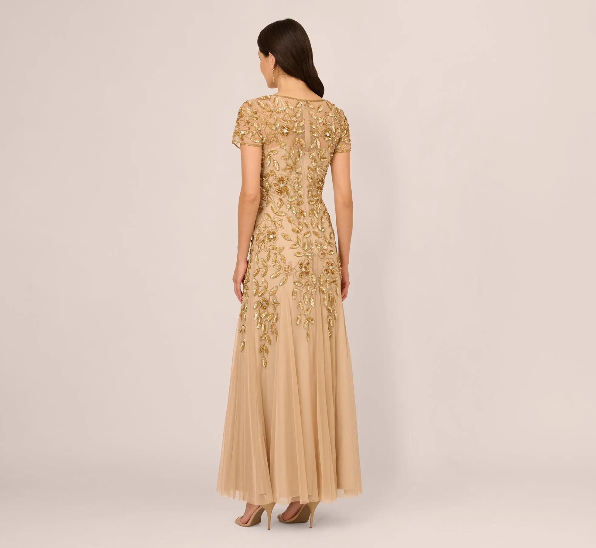 Hand Beaded Short Sleeve Floral Godet Gown In Champagne Gold sold by Adrianna Papell product image thumbnail 5