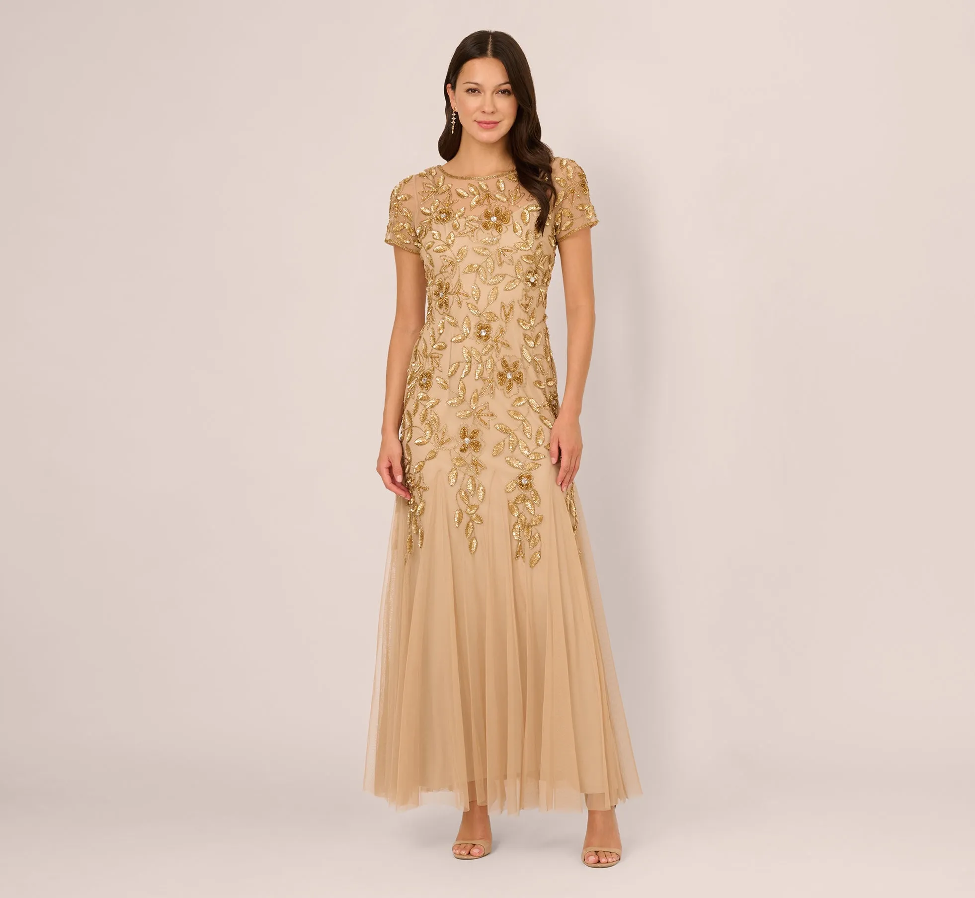 Hand Beaded Short Sleeve Floral Godet Gown In Champagne Gold sold by Adrianna Papell product image thumbnail 4