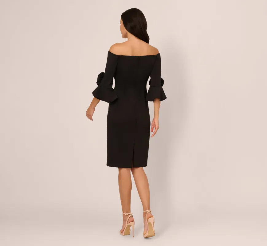Off Shoulder Three Quarter Rosette Sleeve Cocktail Dress In Black sold by Adrianna Papell