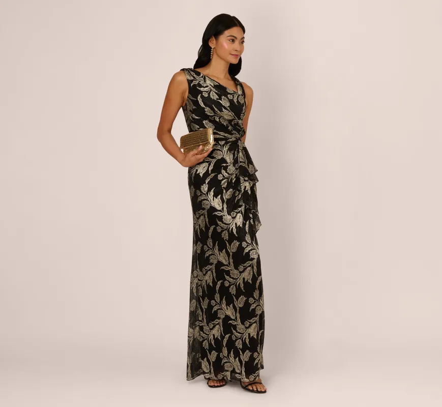 Sleeveless Asymmetrical Crinkle Metallic Floral Gown In Black Gold sold by Adrianna Papell