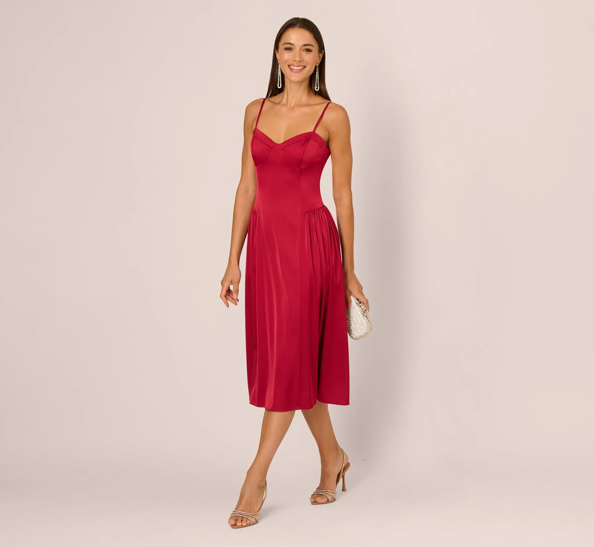 Stretch Satin Corset Back Midi Dress In Matador Red sold by Adrianna Papell