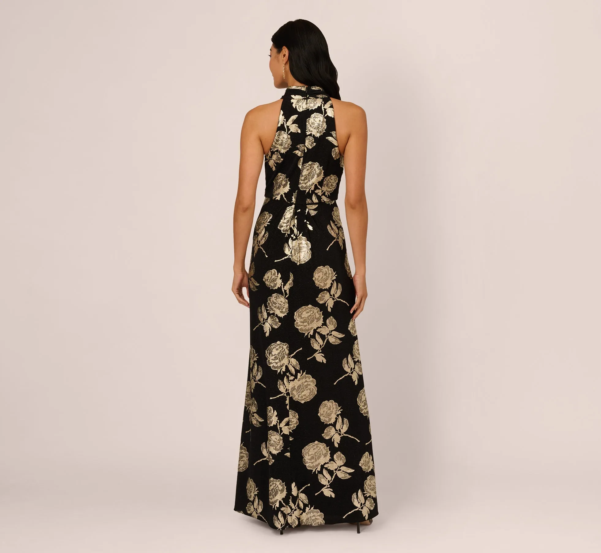 Metallic Rose Floral Halter Gown In Black Gold sold by Adrianna Papell product image thumbnail 5