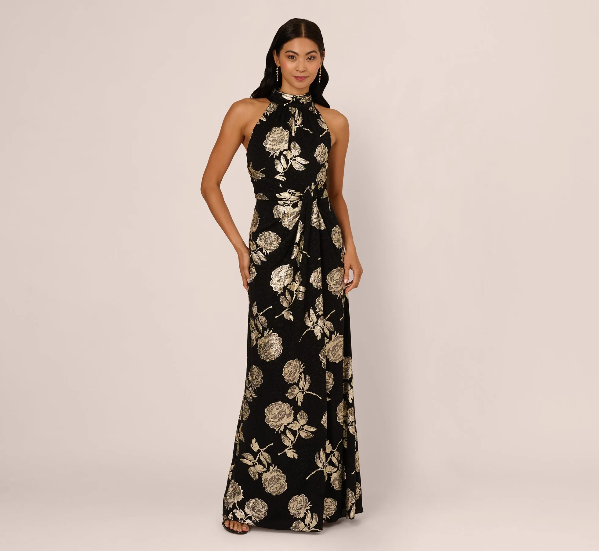 Metallic Rose Floral Halter Gown In Black Gold sold by Adrianna Papell product image thumbnail 2