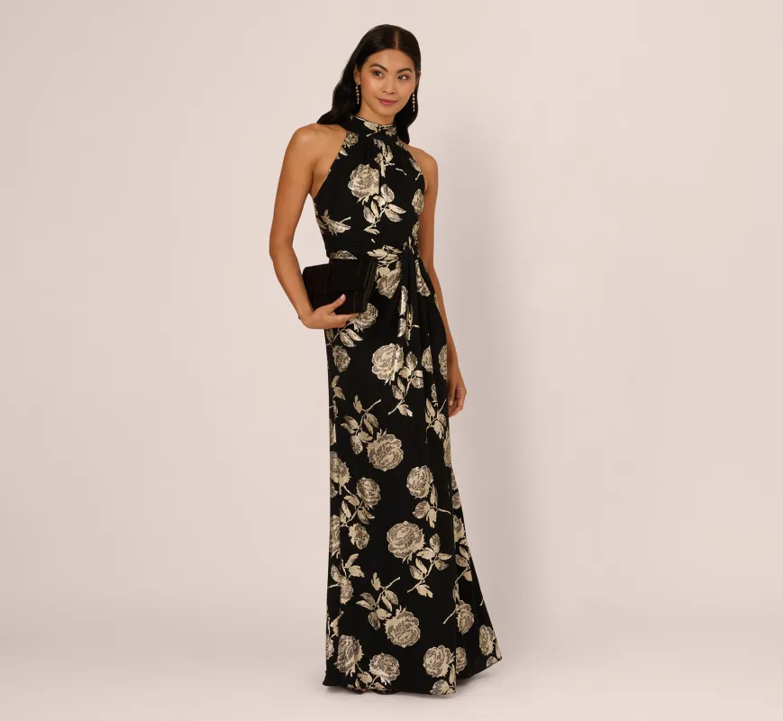 Metallic Rose Floral Halter Gown In Black Gold sold by Adrianna Papell