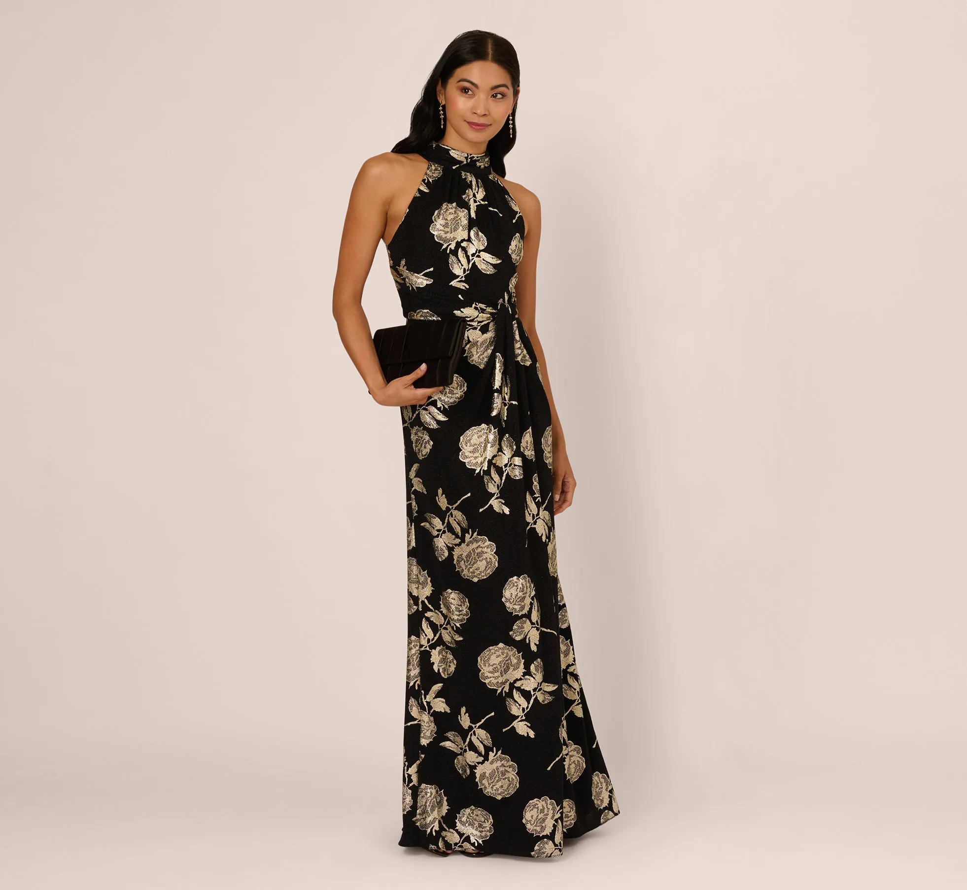 Metallic Rose Floral Halter Gown In Black Gold sold by Adrianna Papell