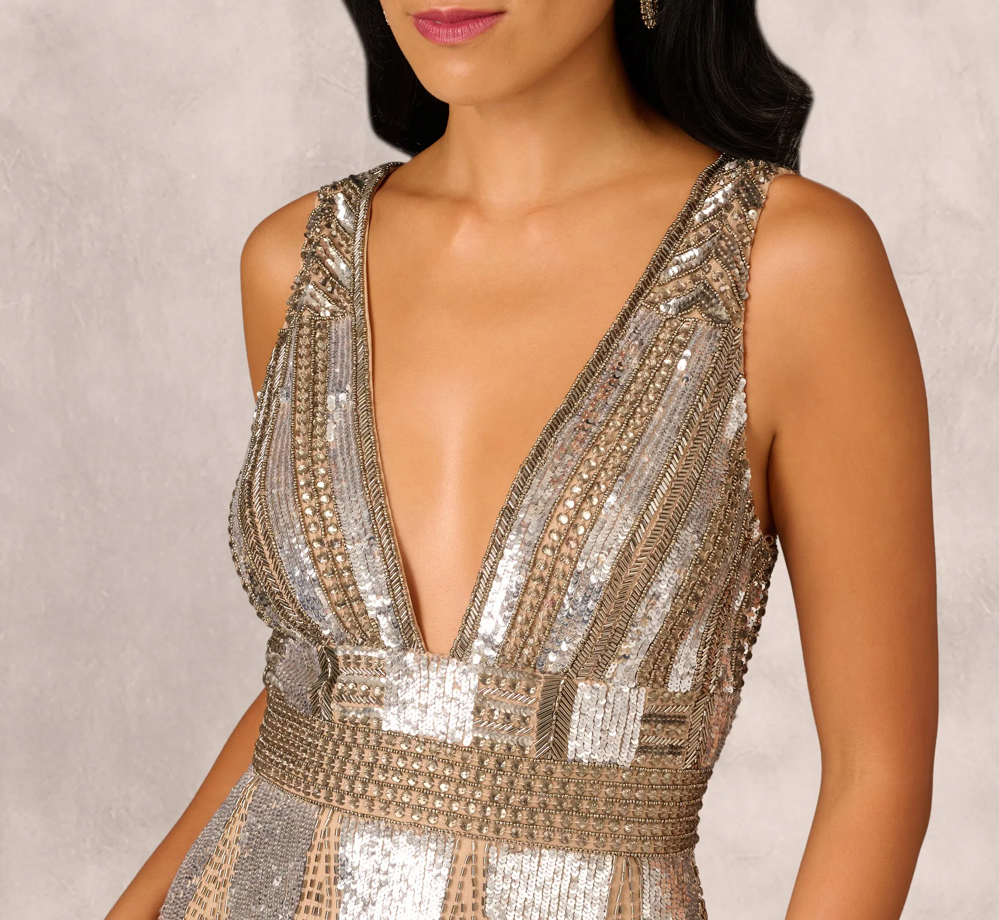 Fully Beaded Plunge Long Dress In Silver Multi sold by Adrianna Papell product image thumbnail 3