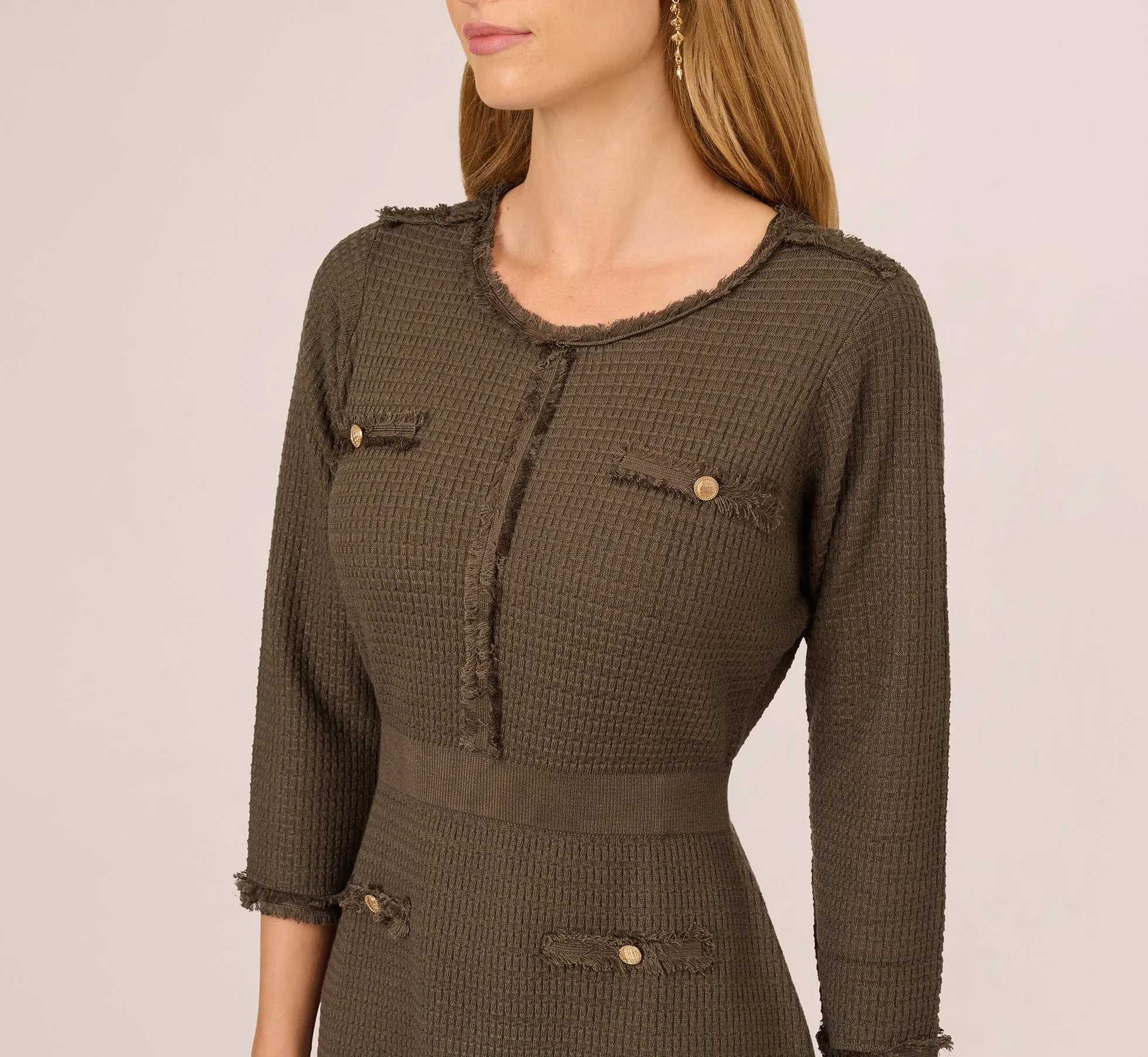 Three Quarter Sleeve Waffle Knit Short Dress In Fatigue sold by Adrianna Papell product image thumbnail 4