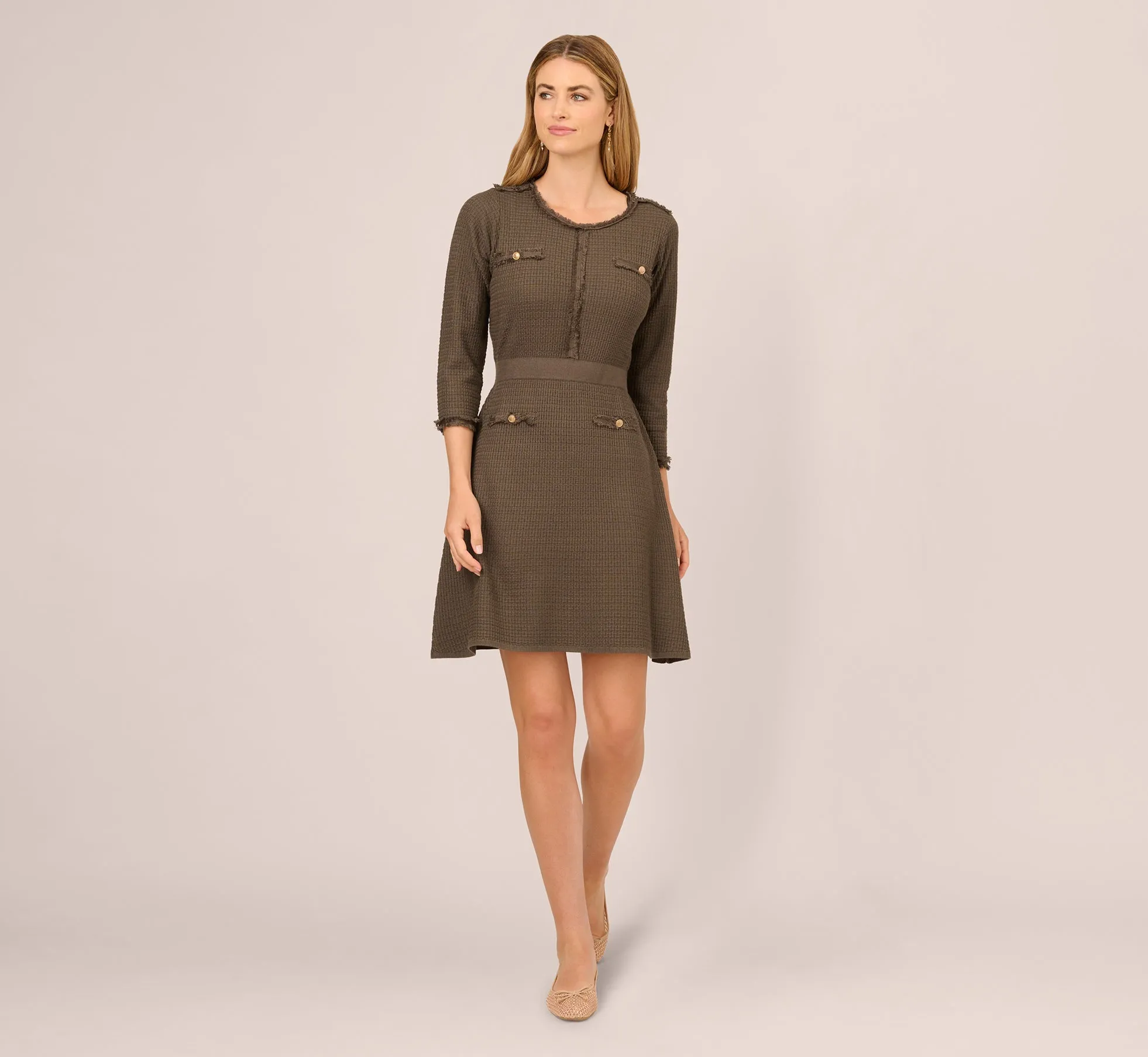 Three Quarter Sleeve Waffle Knit Short Dress In Fatigue sold by Adrianna Papell product image thumbnail 3