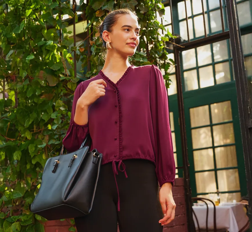 Long Sleeve Silky Buttoned Blouse In Raisin sold by Adrianna Papell