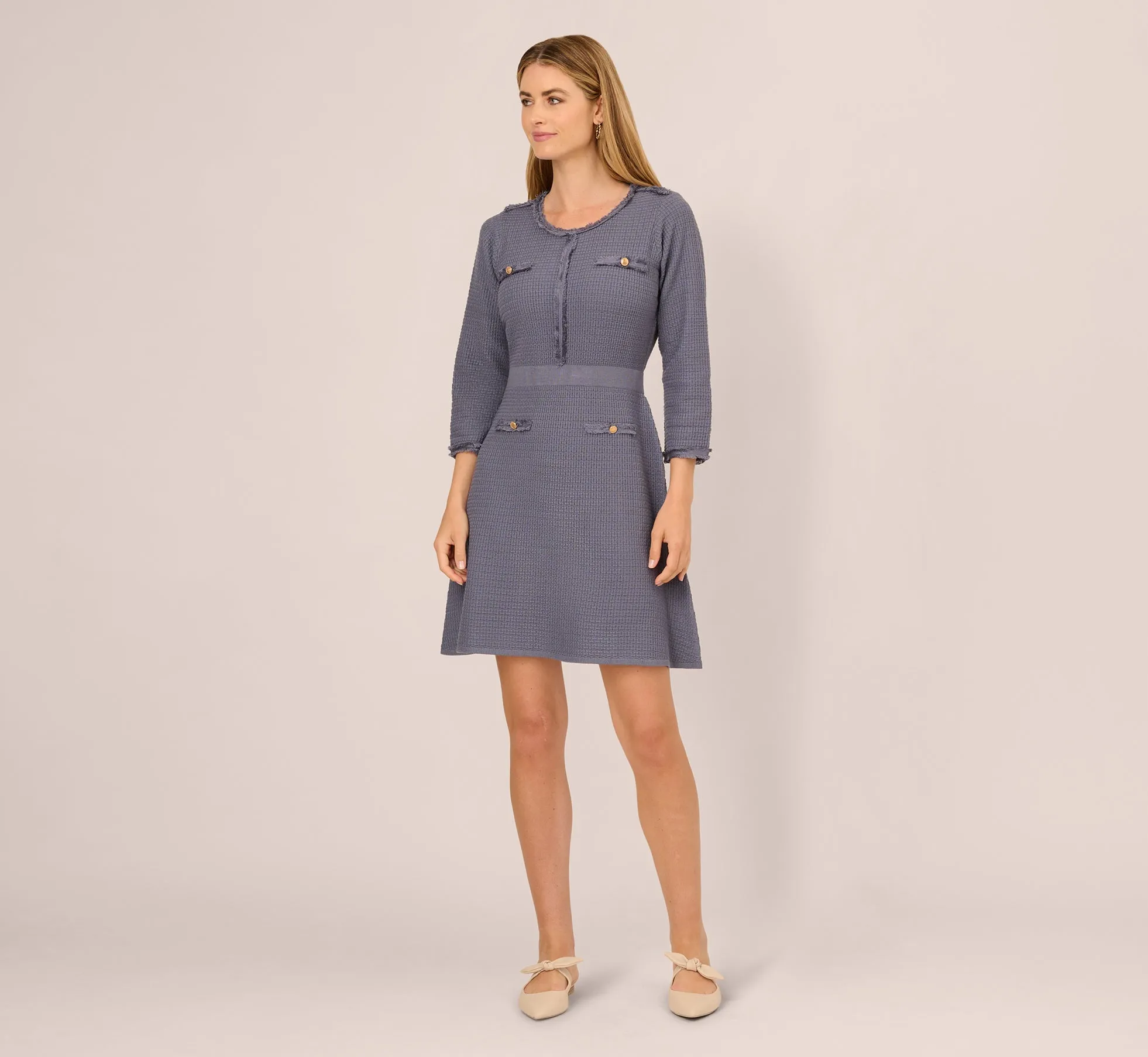 Three Quarter Sleeve Waffle Knit Short Dress In Dusty Blue sold by Adrianna Papell product image thumbnail 2