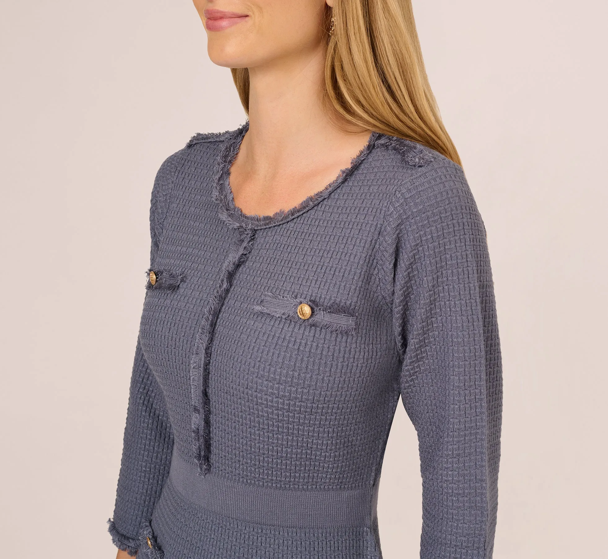 Three Quarter Sleeve Waffle Knit Short Dress In Dusty Blue sold by Adrianna Papell product image thumbnail 3
