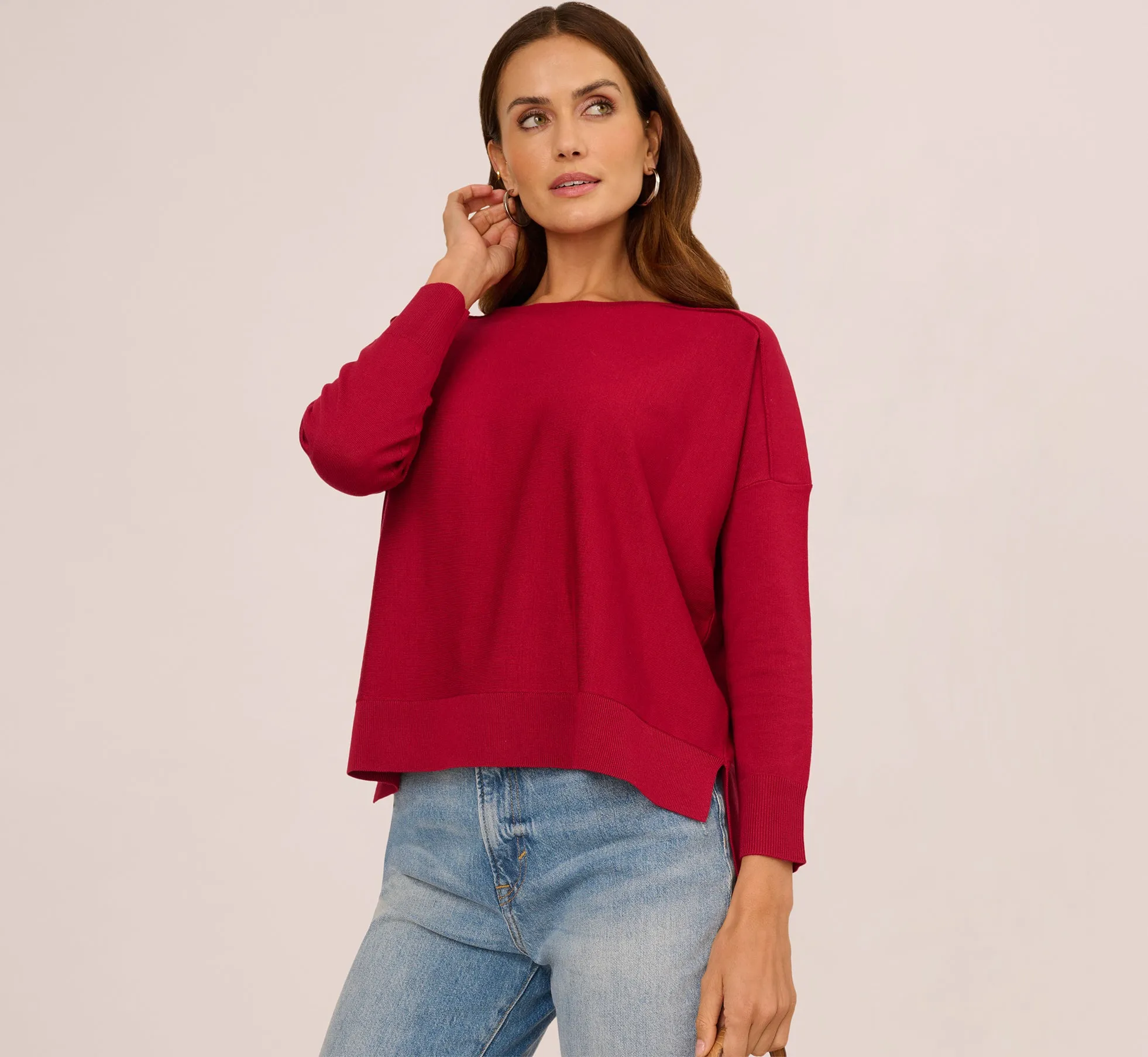 Long Sleeve Drop Shoulder Pullover Sweater Top In Cranberry sold by Adrianna Papell