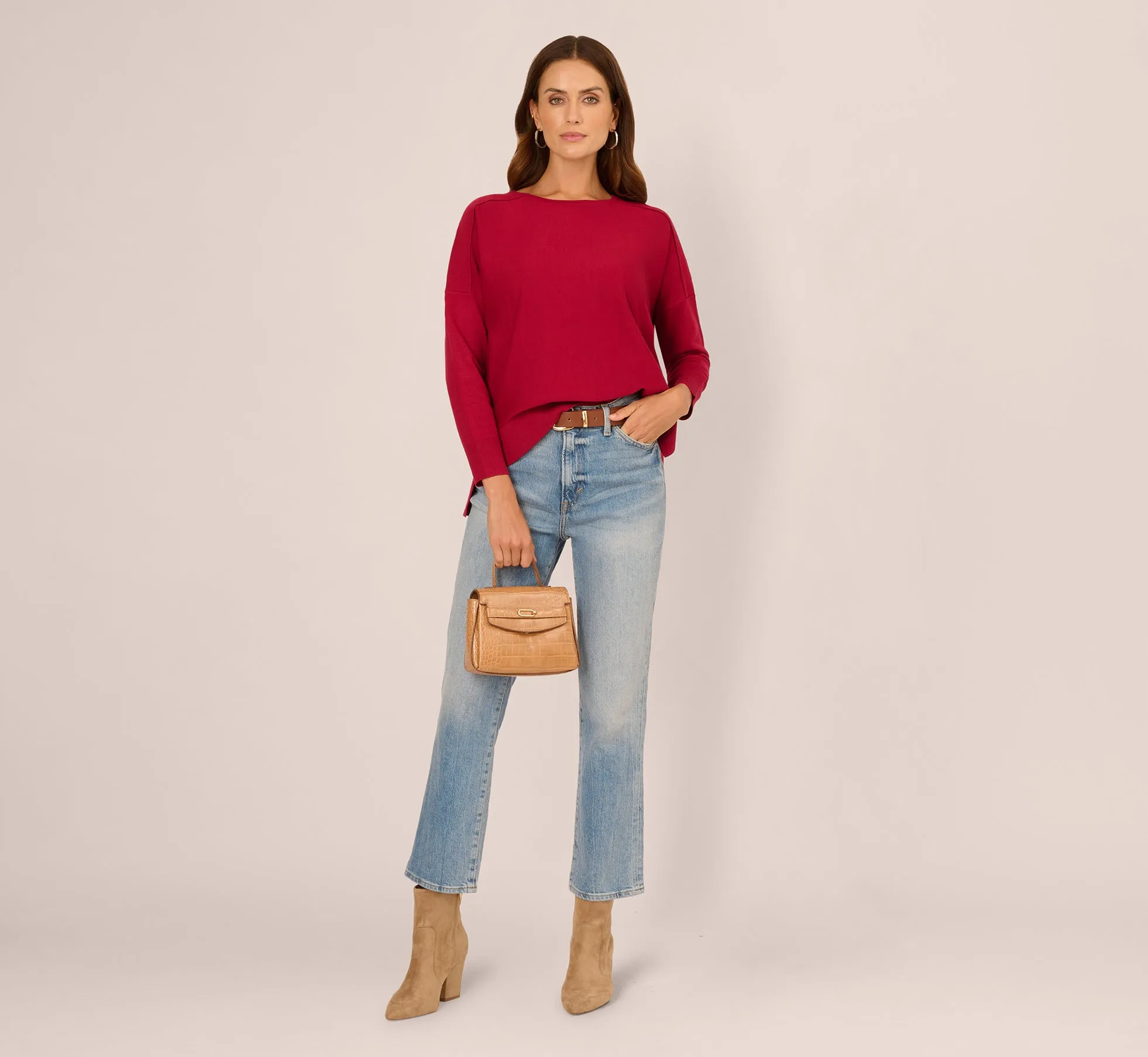 Long Sleeve Drop Shoulder Pullover Sweater Top In Cranberry sold by Adrianna Papell product image thumbnail 2