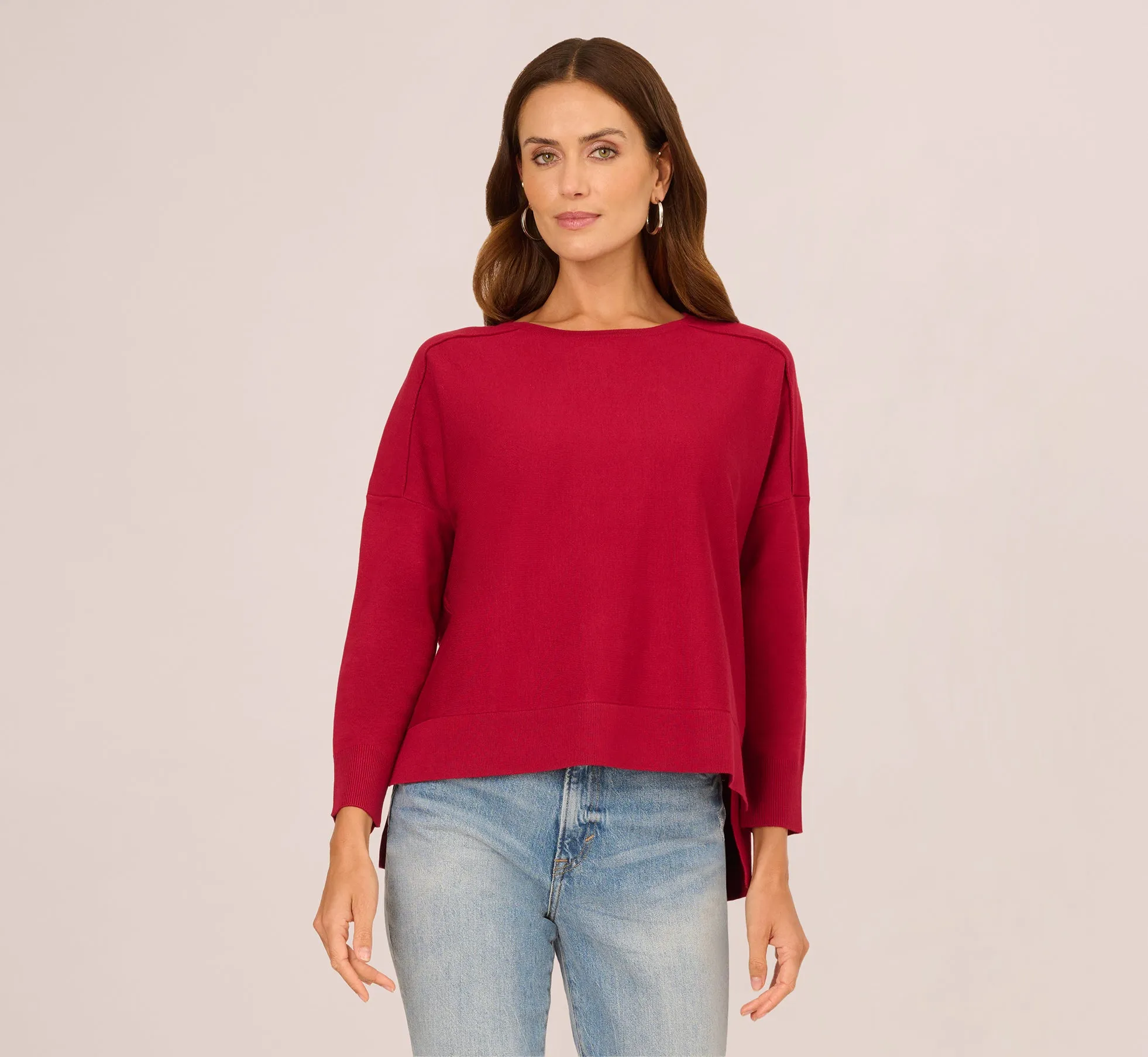 Long Sleeve Drop Shoulder Pullover Sweater Top In Cranberry sold by Adrianna Papell product image thumbnail 3