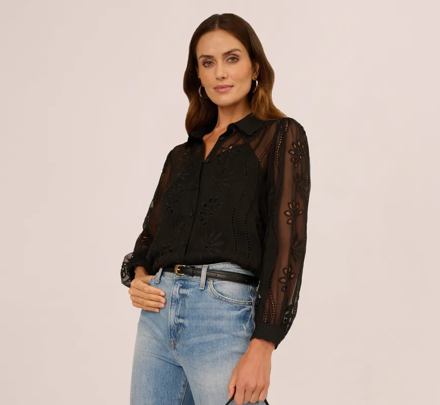 Long Sleeve Sheer Floral Eyelet Lace Blouse In Black sold by Adrianna Papell