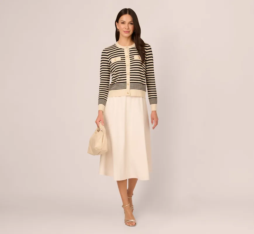 Crew Neck Button Front Striped Pointelle Cardigan Sweater In Cream Black made by Adrianna Papell