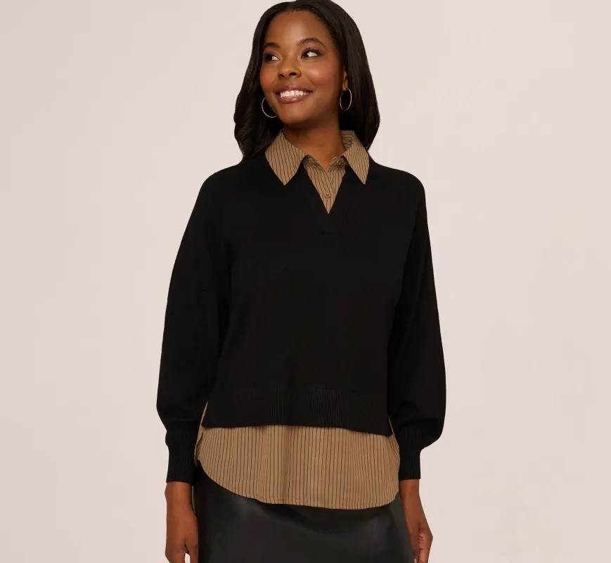 Long Sleeve Collared Printed Twover Sweater In Black W  Mocha Petite Stripe sold by Adrianna Papell