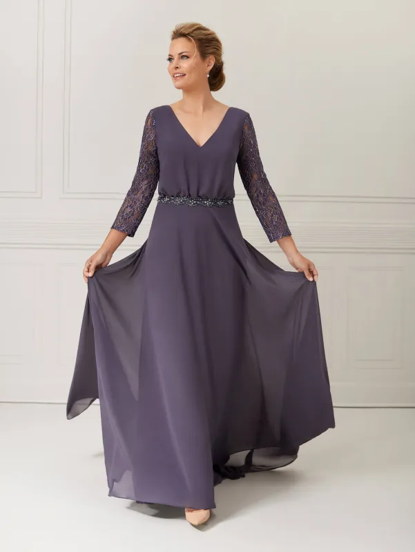 3/4-Sleeve Chiffon A-Line Dress with Lace Overlay sold by Adrianna Papell