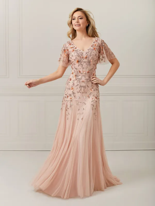 Hand-Beaded A-Line Ruffle-Sleeve Dress sold by Adrianna Papell