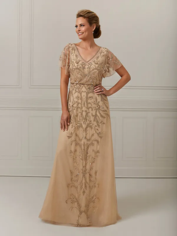 Ruffle Sleeve A-Line Gown with Illusion Trim sold by Adrianna Papell