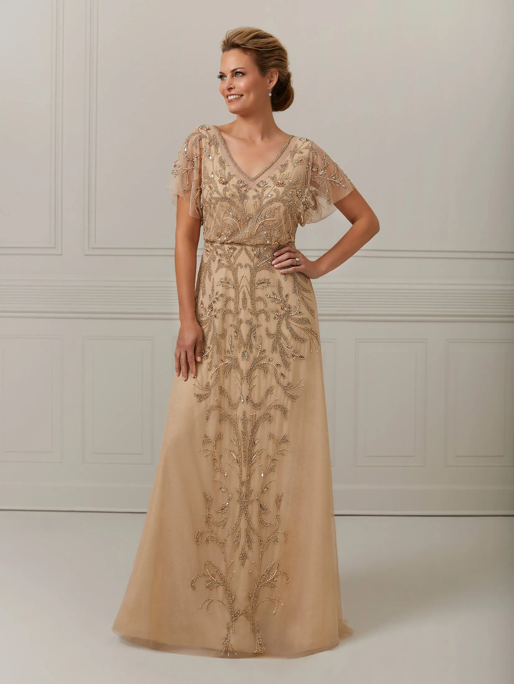 Ruffle Sleeve A-Line Gown with Illusion Trim sold by Adrianna Papell