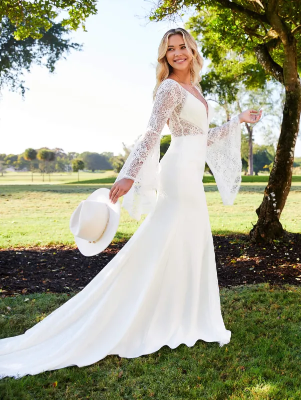 Lace and Crepe Bell Sleeve Gown sold by Adrianna Papell