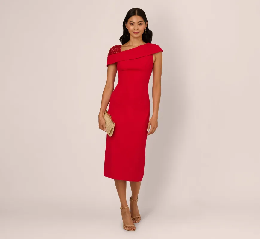 Sequin Shoulder Crepe Midi Sheath Dress In Red sold by Adrianna Papell