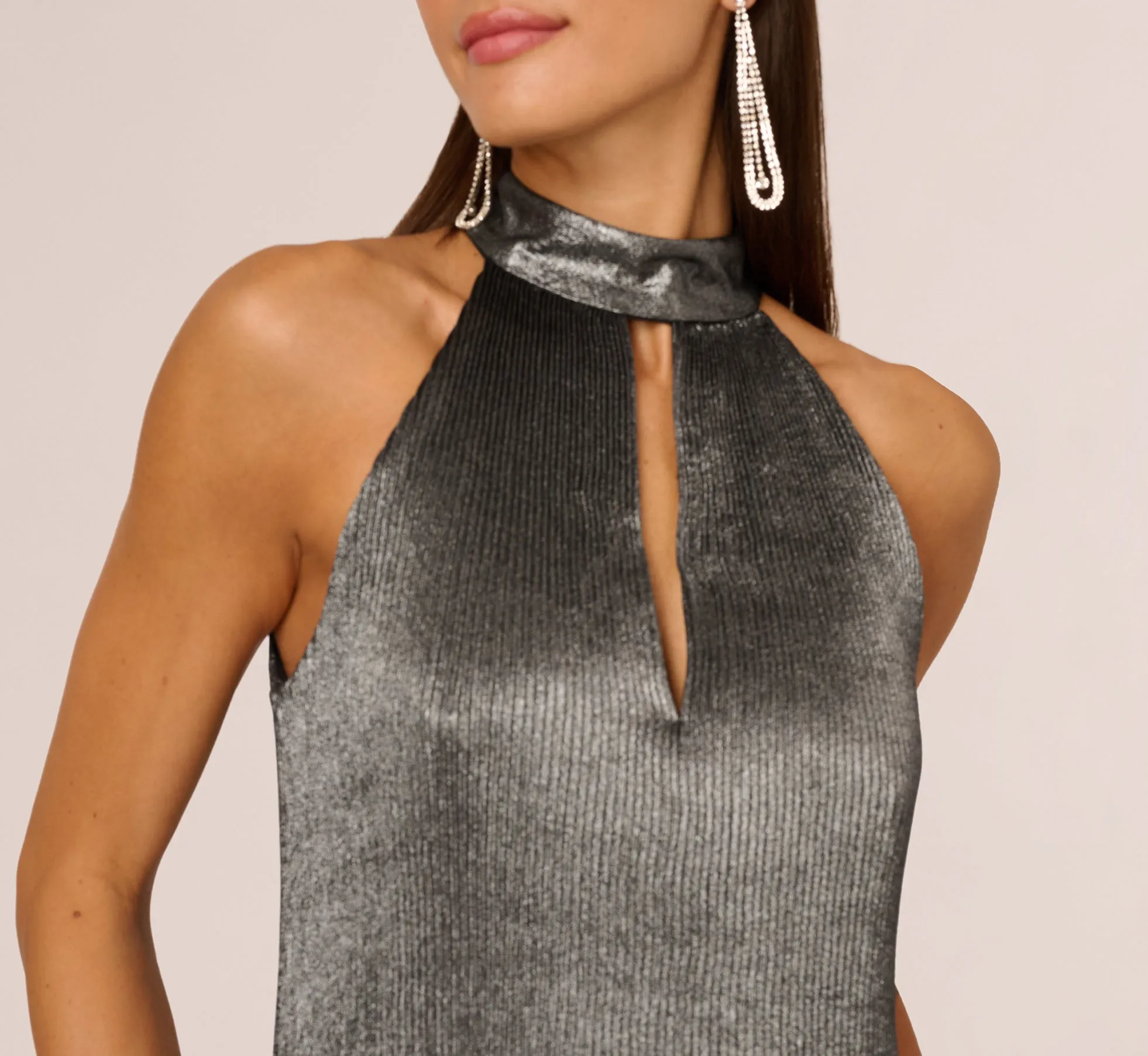 Pleated Metallic High Low Maxi Halter Dress In Gunmetal Black sold by Adrianna Papell product image thumbnail 4