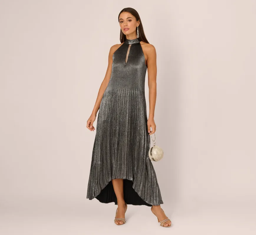 Pleated Metallic High Low Maxi Halter Dress In Gunmetal Black sold by Adrianna Papell