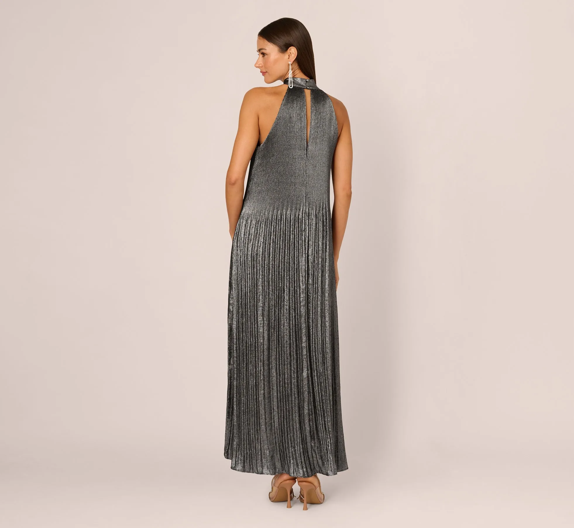 Pleated Metallic High Low Maxi Halter Dress In Gunmetal Black sold by Adrianna Papell product image thumbnail 5