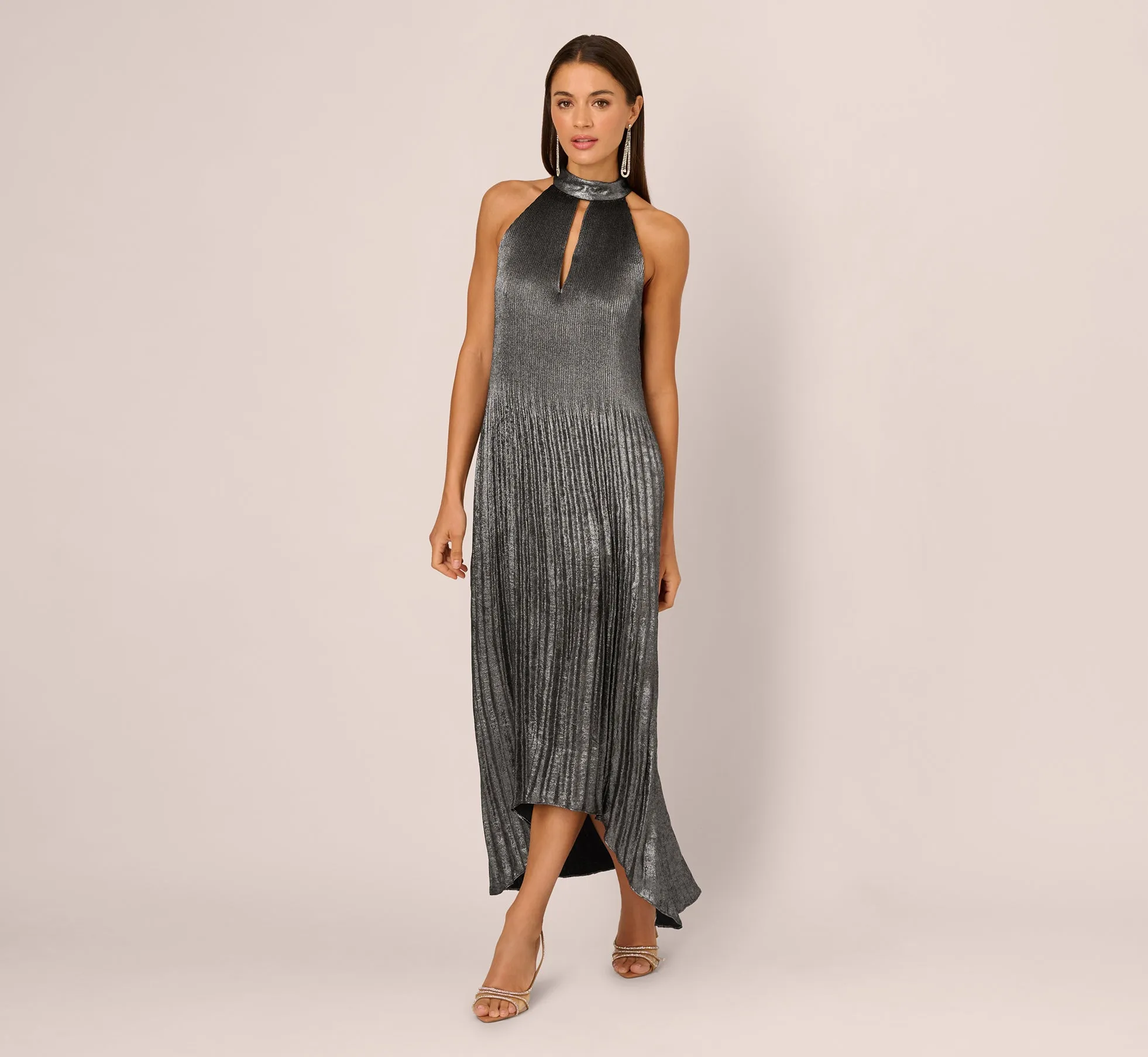 Pleated Metallic High Low Maxi Halter Dress In Gunmetal Black sold by Adrianna Papell product image thumbnail 2
