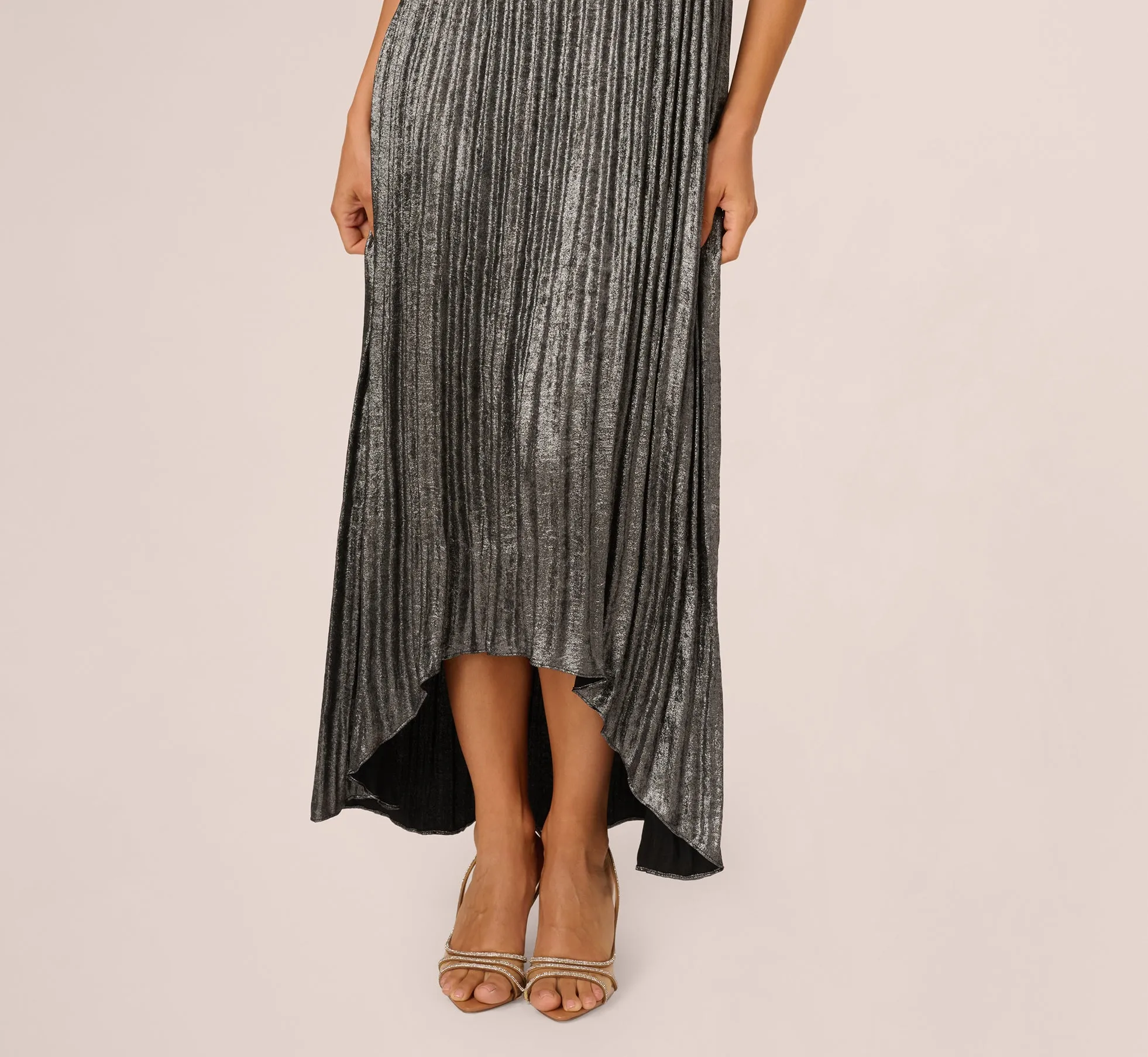 Pleated Metallic High Low Maxi Halter Dress In Gunmetal Black sold by Adrianna Papell product image thumbnail 3