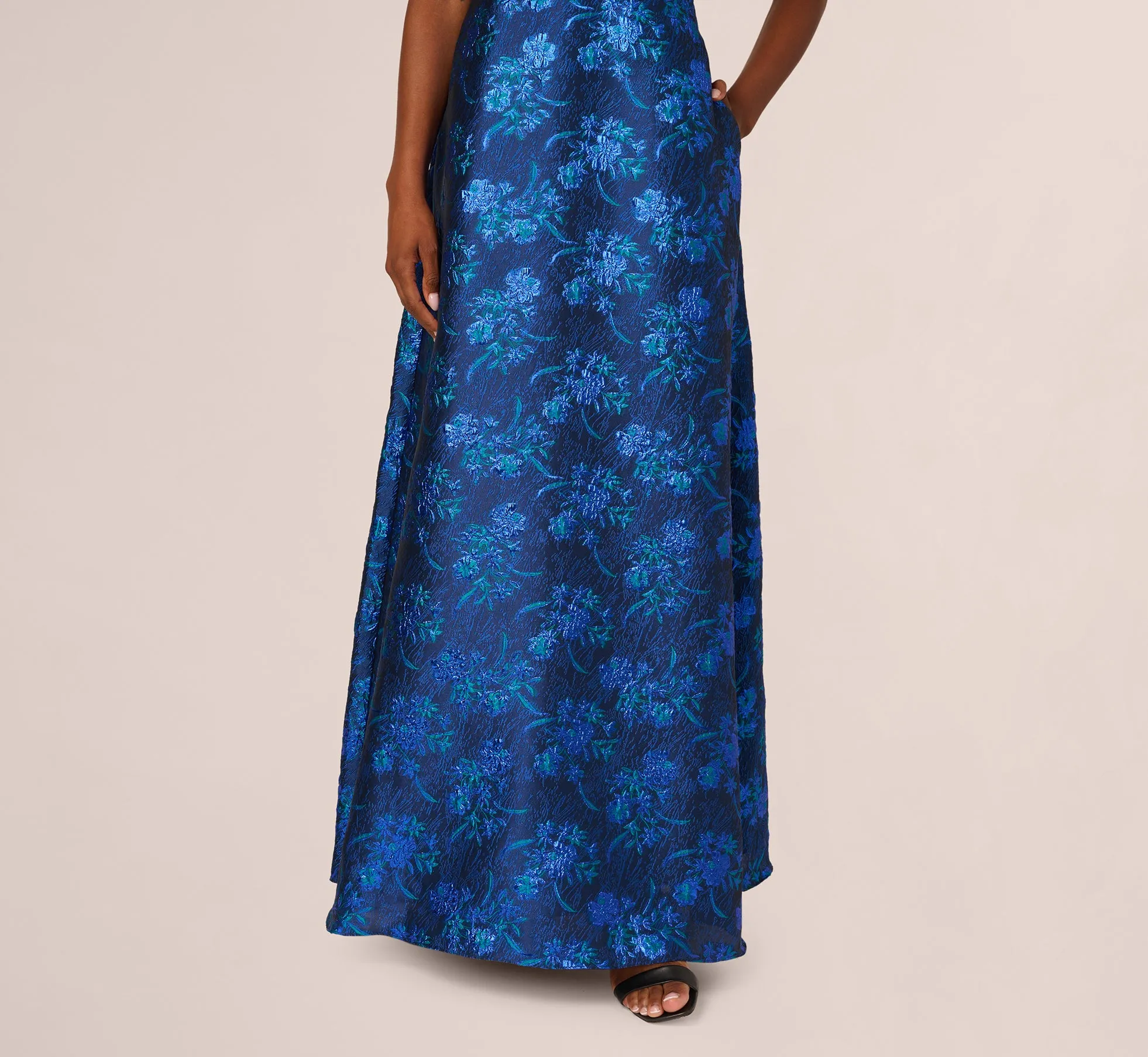 Off Shoulder Floral Jacquard A Line Gown In Navy Blue Multi sold by Adrianna Papell product image thumbnail 4