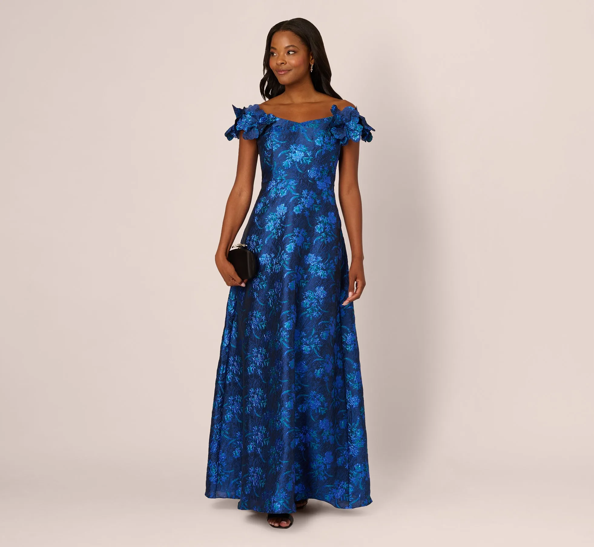 Off Shoulder Floral Jacquard A Line Gown In Navy Blue Multi sold by Adrianna Papell
