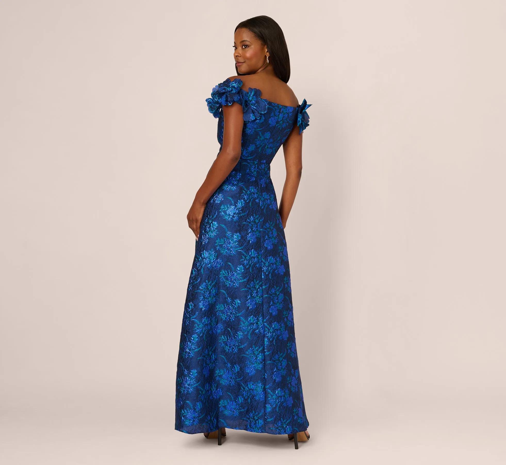 Off Shoulder Floral Jacquard A Line Gown In Navy Blue Multi sold by Adrianna Papell product image thumbnail 5