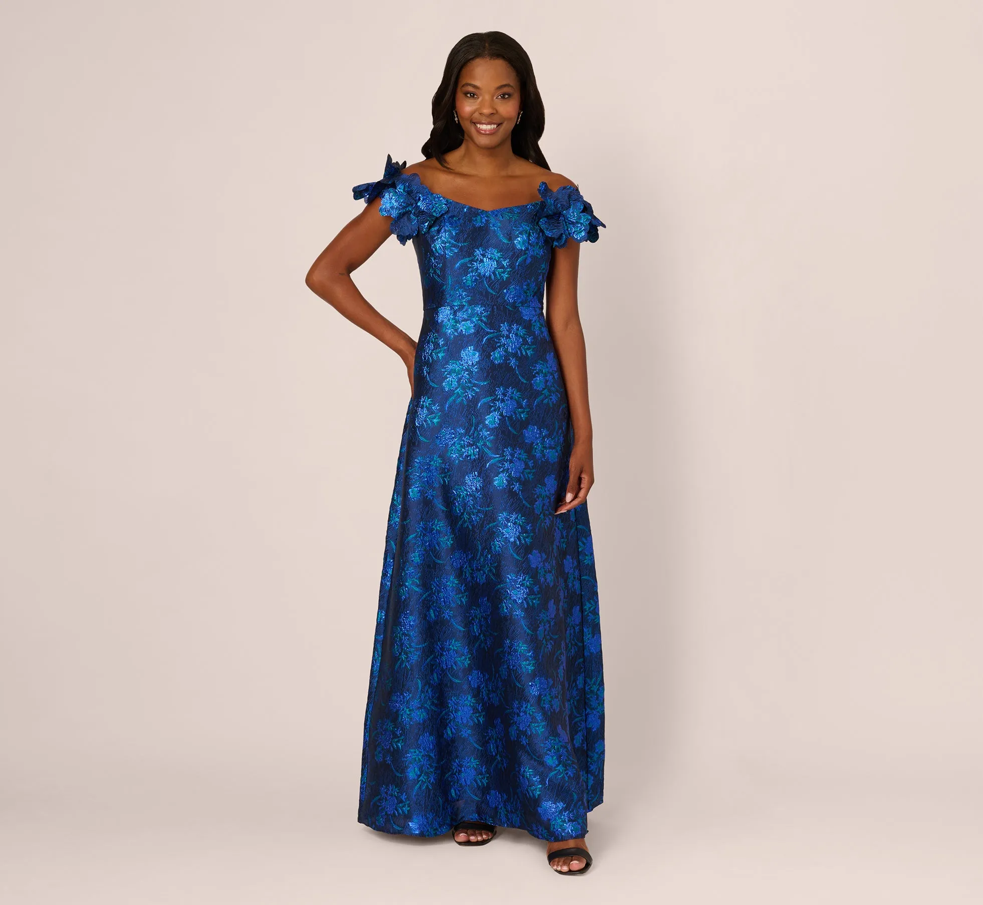 Off Shoulder Floral Jacquard A Line Gown In Navy Blue Multi sold by Adrianna Papell product image thumbnail 2