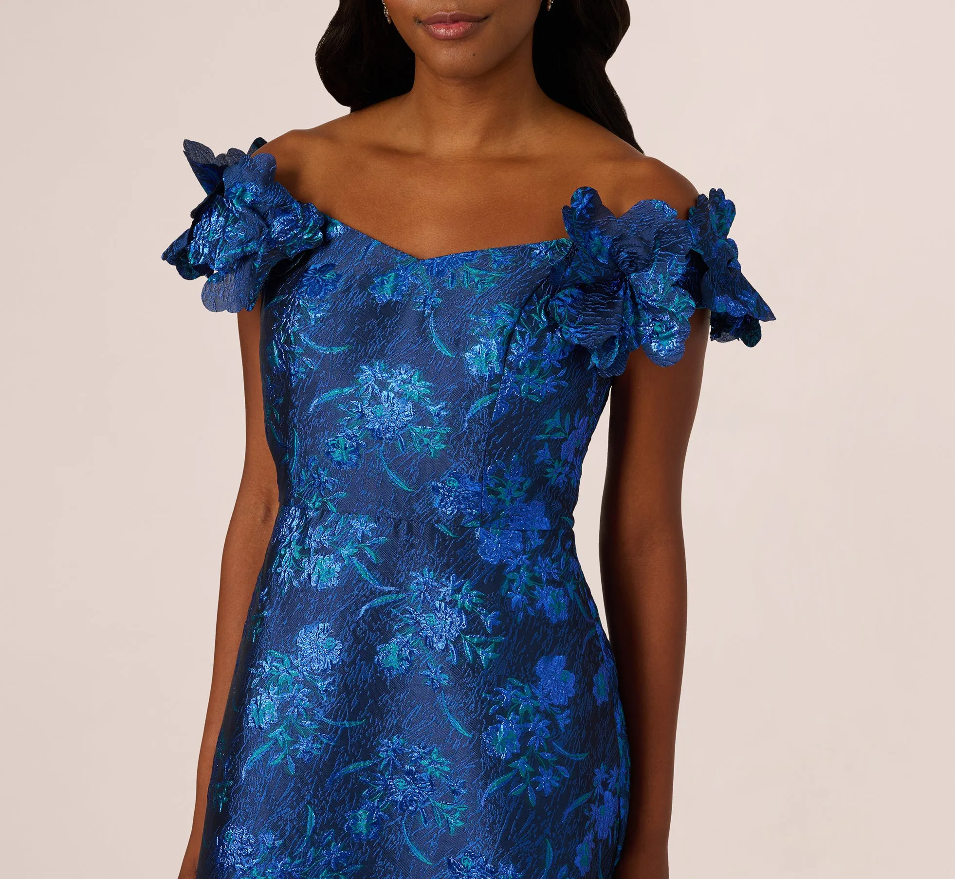 Off Shoulder Floral Jacquard A Line Gown In Navy Blue Multi sold by Adrianna Papell product image thumbnail 3