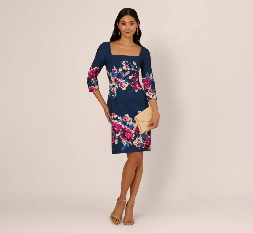 Three Quarter Sleeve Floral Sheath Dress In Navy Pink Multi sold by Adrianna Papell