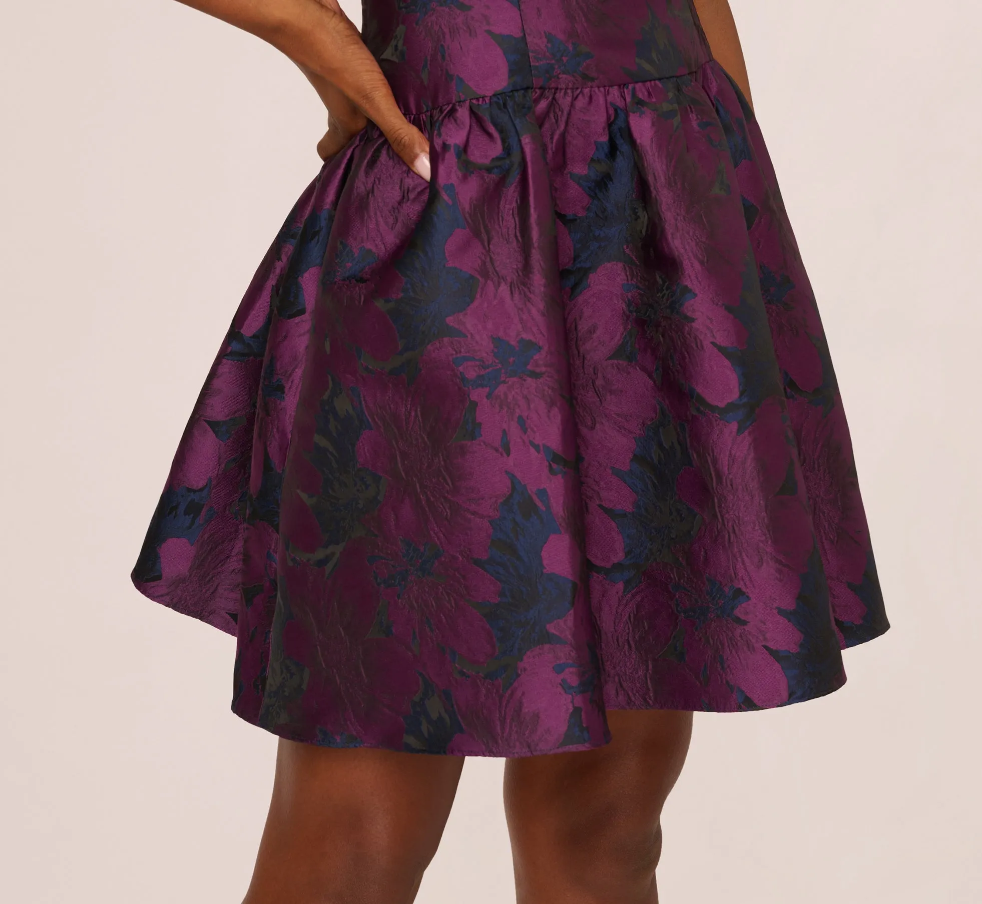 Sleeveless Floral Jacquard Drop Waist Short Dress In Navy Plum sold by Adrianna Papell product image thumbnail 4