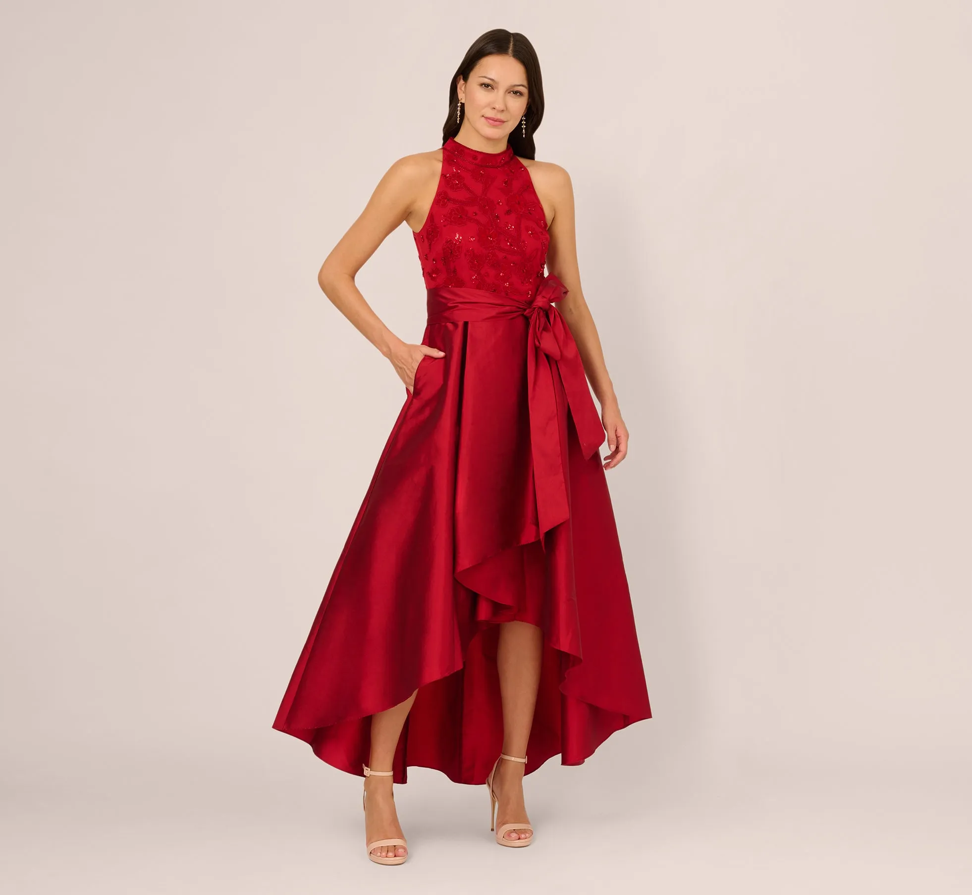 Sleeveless Beaded Taffeta High Low Combo Gown In Red sold by Adrianna Papell product image thumbnail 2